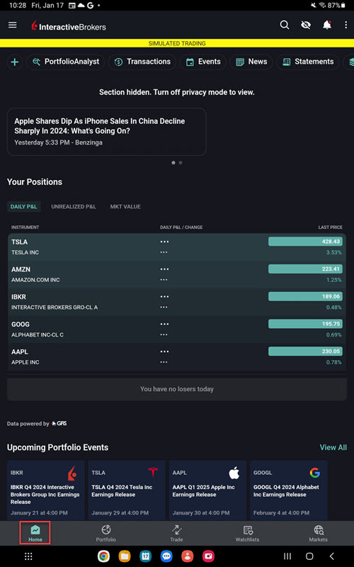 The home page on the Android Tablet. 